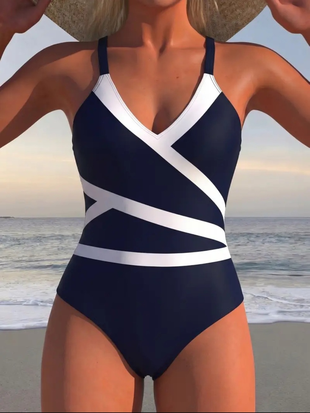 NEW Women's Navy & White One-Piece Swim Suit - Classic Striped Design Size XXL